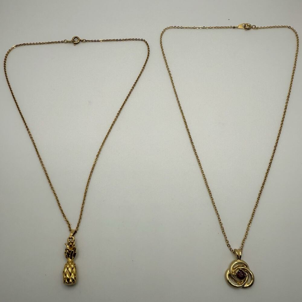 Vintage Necklaces Two Gold Tone Pendant Chain Pineapple Stone 15” 17”‎